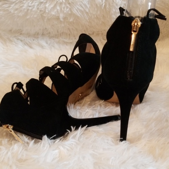 Black Suede Open Toe Heels - Picture 2 of 3